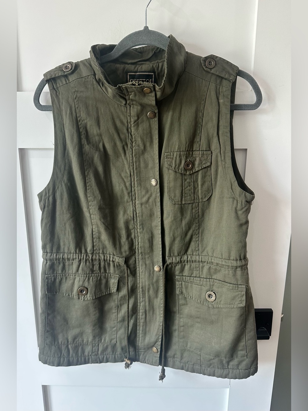 C'ESTTOI Utility Vest w/Faux Fur Lining Zipper Snap Closure Medium Olive Green